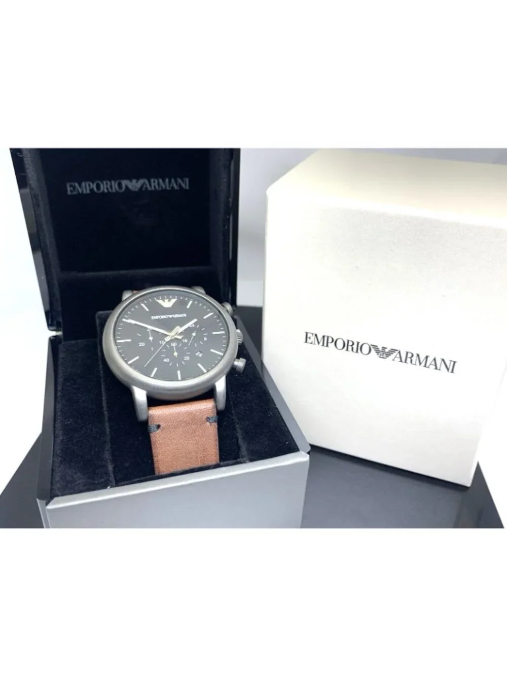 Emporio Armani Men's Watch AR1919 Quartz Chronograph Black Dial Leather Strap